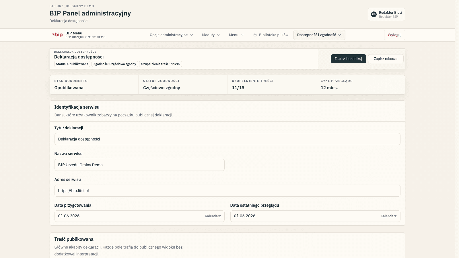 Bipsi CMS z edycją deklaracji dostępności