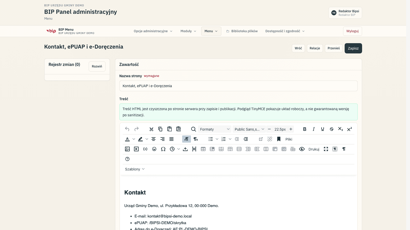 Bipsi CMS, edytor treści strony BIP