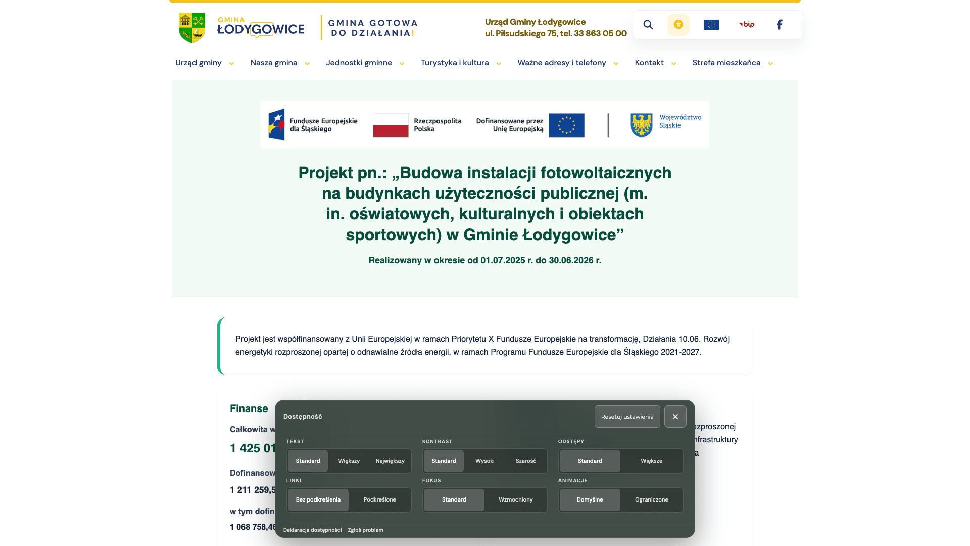Strona Łodygowice z otwartym panelem dostępności